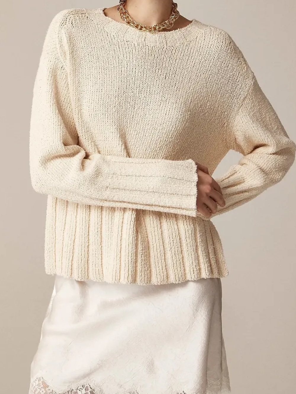 J. Crew Marina Cream Ribbed-Knit Crewneck Sweater Womens